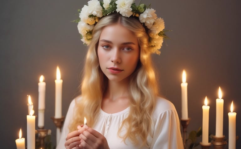 A young, blond girl with candles on her head 