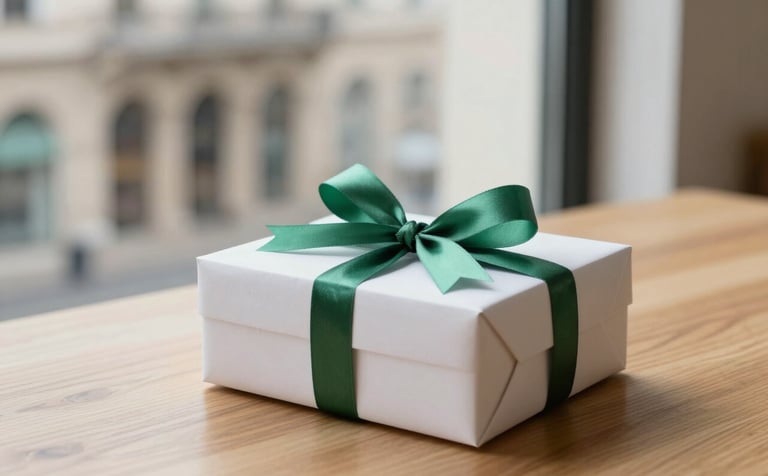 A minimalist, high-quality photograph of a gift box tied with a green ribbon (#4A7C59) on a clean wooden table. In the background, a blurred view of Vic’s historic architecture through a window. The style is modern and clean, symbolizing the monthly rewards for members.