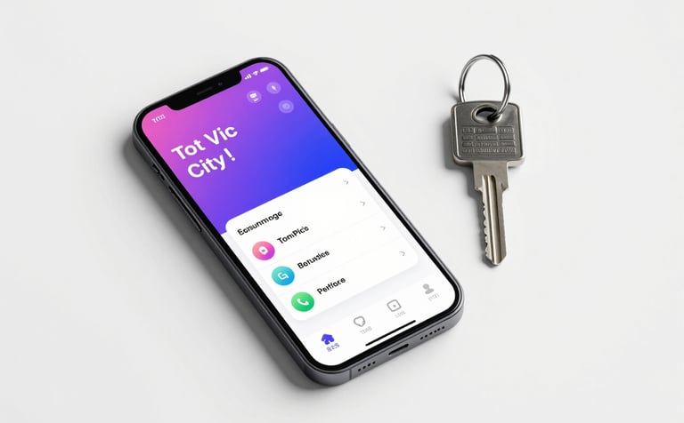 A clean, top-down shot of a smartphone and a key to the city on a desk. The phone screen displays a vibrant notification from the Tot Vic app. The background is #F8F8F8 white with soft shadows. The overall image represents digital innovation and the privilege of membership.
