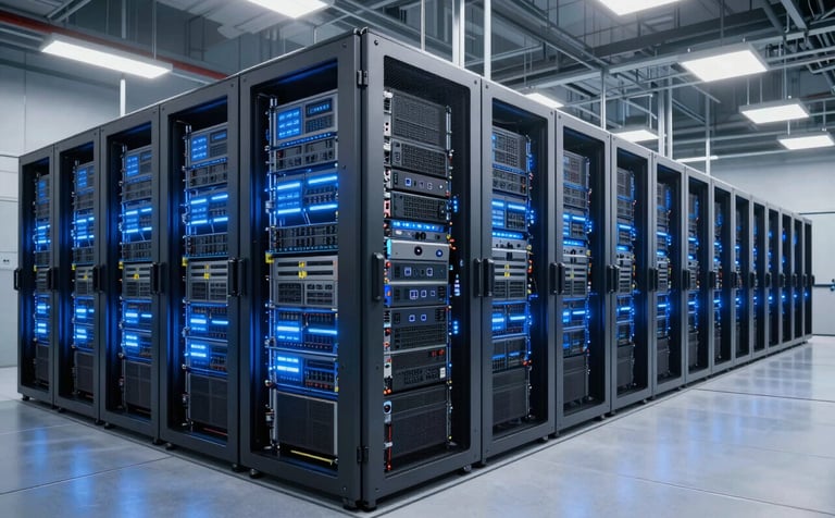 A vast, modern data center with glowing blue and metallic silver server racks. The image emphasizes infrastructure scale and security. Polished floors and clean, high-tech industrial architecture, global corporate style.
