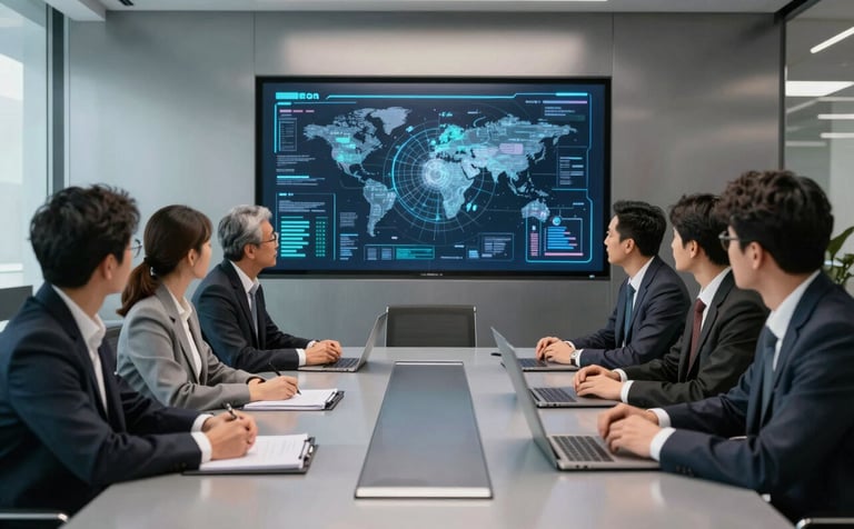 A high-tech corporate boardroom in a sleek steel gray and metallic silver theme. Professionals in formal attire discuss digital strategy around a clean, modern table. A large screen in the background displays complex tech schematics. The atmosphere is professional, global, and innovative.