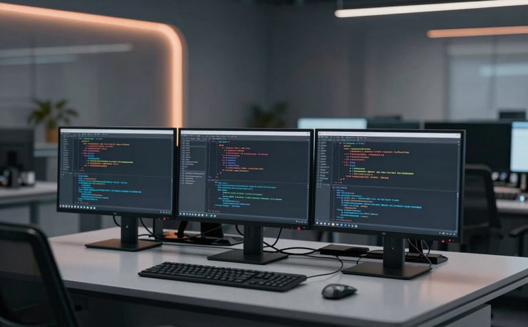 A high-tech software development lab with multiple monitors showing lines of code. The lighting is subtle charcoal gray and copper orange, suggesting energy and precision. Global corporate setting with modern workstations and a futuristic atmosphere.