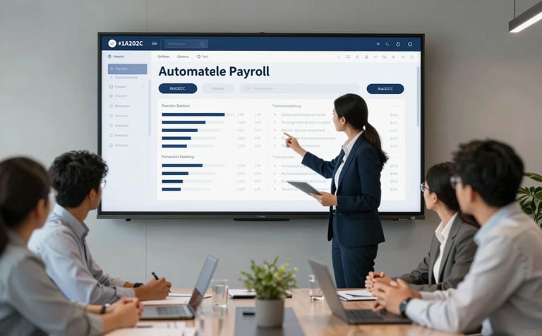 A collaborative meeting in a tech-driven high-rise office in Bengaluru. A professional team discusses automated payroll data on a large wall-mounted screen. Modern, efficient atmosphere. Corporate color palette using #1A202C and #A0AEC0.