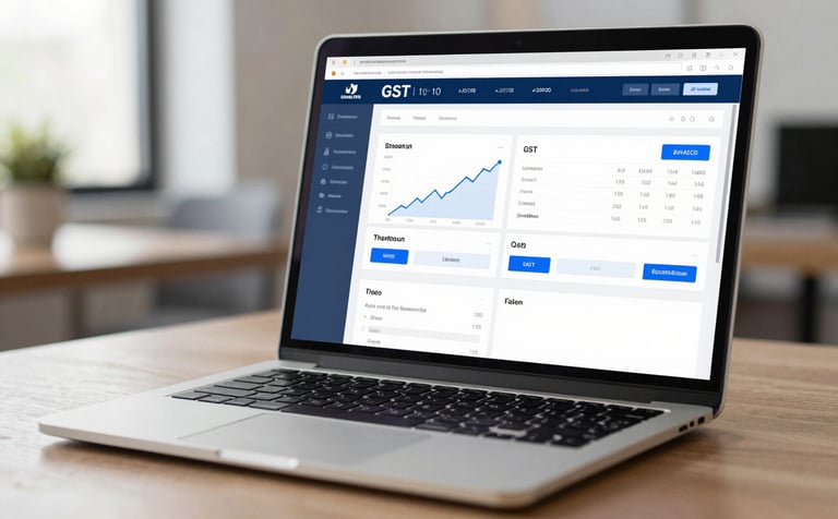 A close-up of a high-end laptop display showing organized financial charts and GST filing interfaces. The background is a soft-focus professional workspace in Bengaluru. The mood is technologically advanced and precise. Subtle use of brand colors #2D3748 and #A0AEC0 in the interface design.