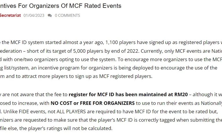 Incentives For Organizers Of MCF Rated Events. Malaysian Chess Federation. Malaysia Chess.