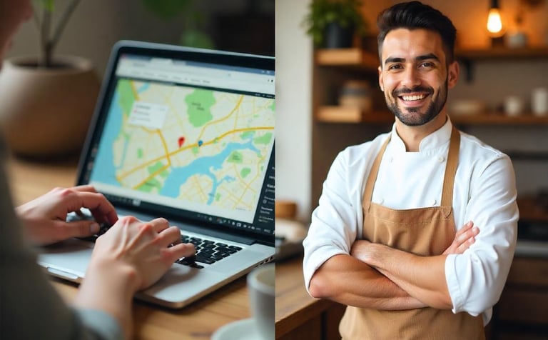 Split Screen, right a hand working, right a man standing smiling