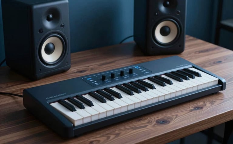 Photography of a sleek, modern MIDI keyboard and high-end studio monitors on a wooden desk. The scene is bathed in a sophisticated muted ocean blue light, with dark charcoal navy shadows. The composition is angled and dynamic, highlighting the premium gear used for music creation.