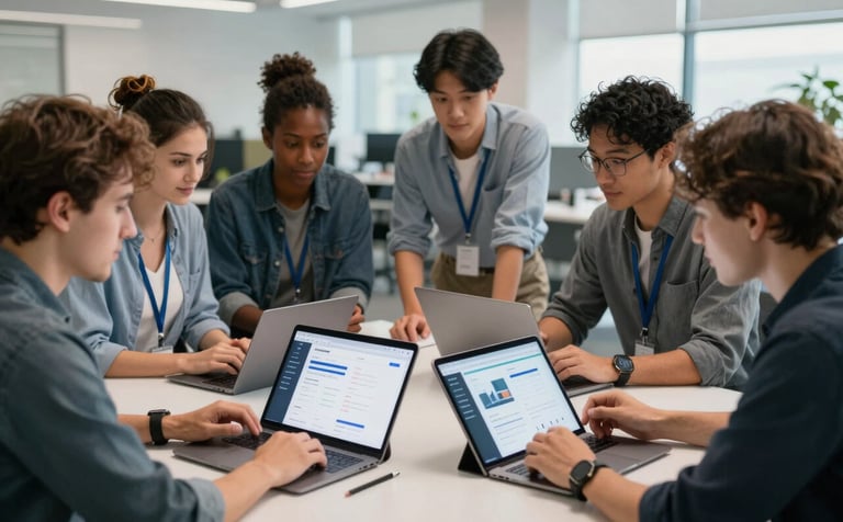 A diverse group of developers in a bright North American / US tech hub workspace. They are collaborating over a series of tablets showing clean, modern application designs. The style is professional and innovative.