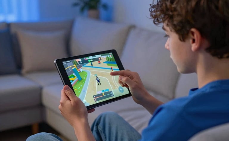 A young person in a casual North American / US living room environment, holding a tablet horizontally while playing a game. The atmosphere is fun and approachable. Soft Royal Blue lighting accents the background furniture.
