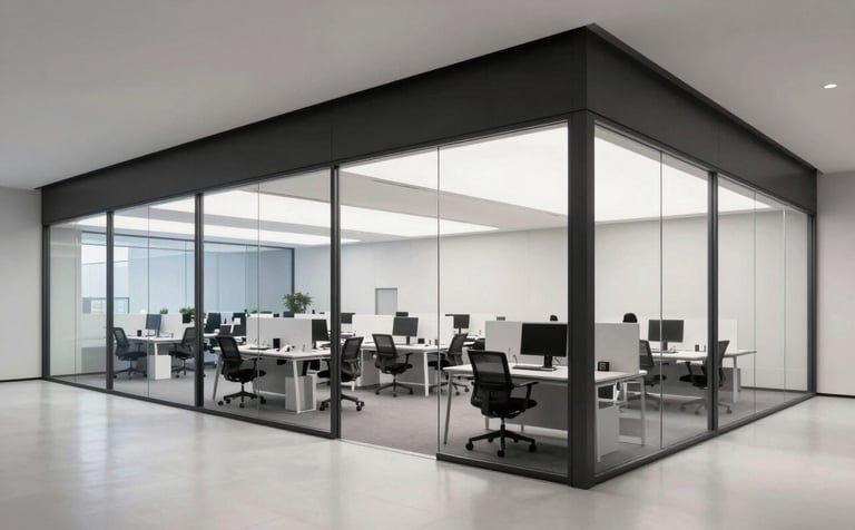 A minimalist architectural interior of a corporate research facility with clean lines and glass partitions. The lighting is bright and professional, highlighting a sophisticated workspace suited for an international consulting audience, with a dark charcoal and white palette.