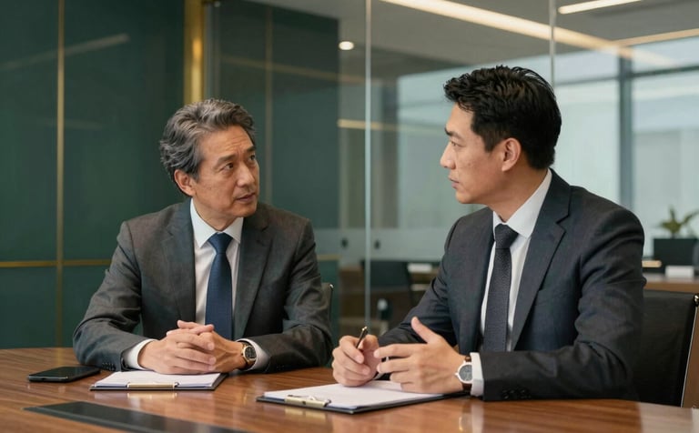 A professional photography shot of two corporate executives in elegant business attire having a focused discussion in a modern, glass-walled boardroom. The environment is sophisticated with gold and deep green interior accents, Global Business / Corporate style.