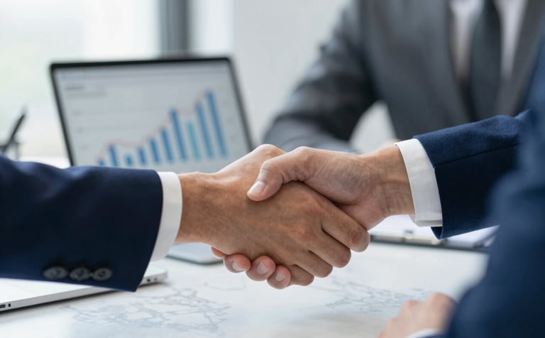 Close-up of a professional handshake between a consultant and a client over a marble table. The style is sophisticated and approachable, conveying a sense of partnership and reliability. Subtle clothing accents in #264B96. The background is a clean, bright meeting room with soft focus on a digital tablet showing professional financial growth charts.