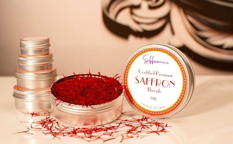 tins of saffron in a tin with a label on it