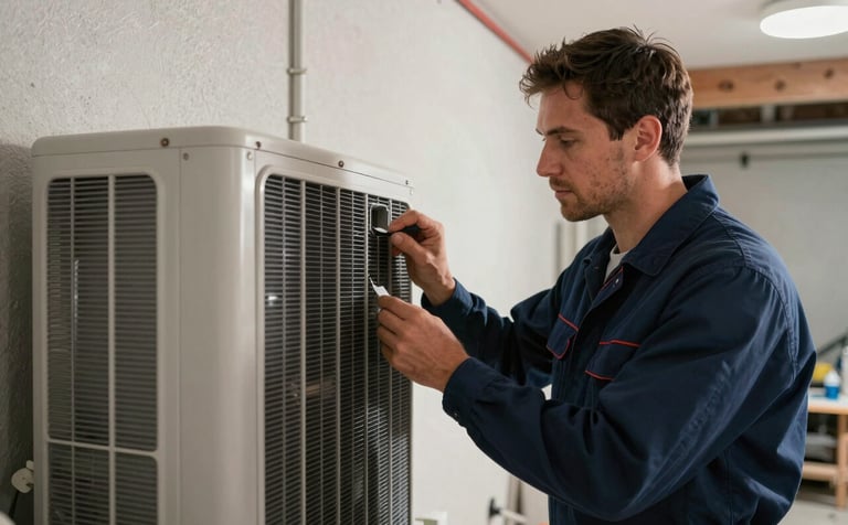 A professional HVAC technician in a clean uniform inspecting a modern indoor air handler unit in a North American residential basement. Soft natural lighting, focused composition showing expertise and reliability. The technician wears dark blue work attire.