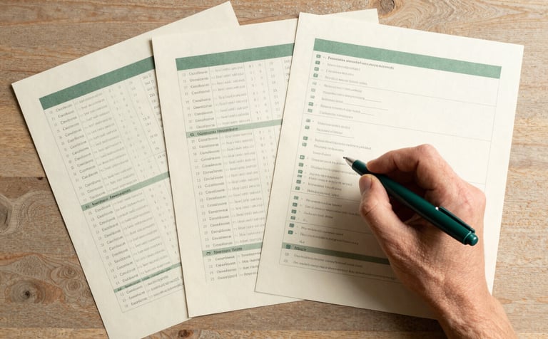 A top-down shot of high-quality educational assessment papers and professional tools organized neatly on a stone-colored wooden desk. A hand is seen holding a deep green pen. The style is professional and insightful, with a soft cream background and sage green accents.