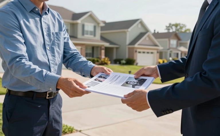 Photography of a professional individual delivering high-quality printed flyers to a suburban home in a North American neighborhood. Bright morning light, clean driveway, professional atmosphere. Colors of slate blue and light blue are reflected in the attire and environment.