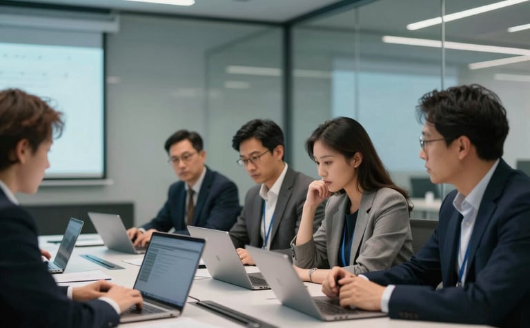 A group of focused professionals collaborating in a high-tech North American / US conference room with glass walls. The aesthetic is premium and innovative, with soft blue ambient light.