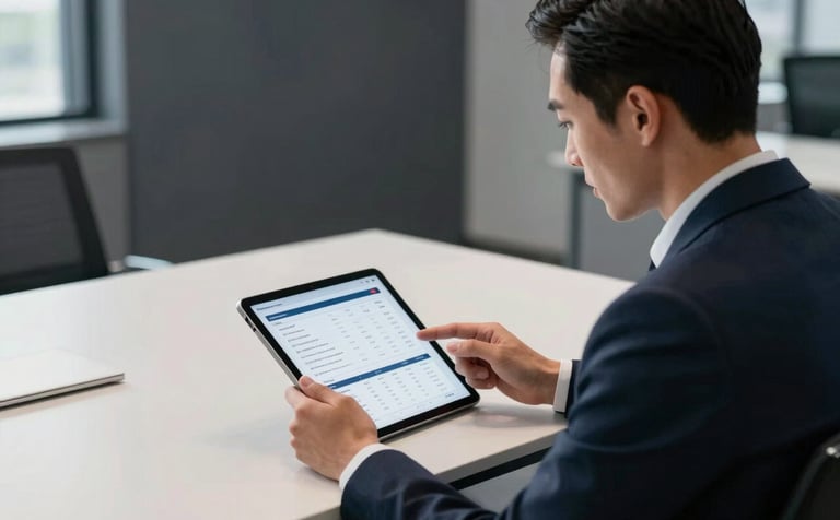 A professional in a sleek North American / US corporate office looking at a high-tech tablet displaying clean data. The environment is minimalist with dark navy and soft off-white accents, lit with cool, bright morning light.