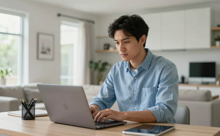 Professional photography of a focused individual in a modern, light-filled North American home office in Washington, using a sleek laptop. The setting features clean architectural lines, a hint of greenery through the window, and a palette of soft blues and off-whites. High-end, trustworthy atmosphere.