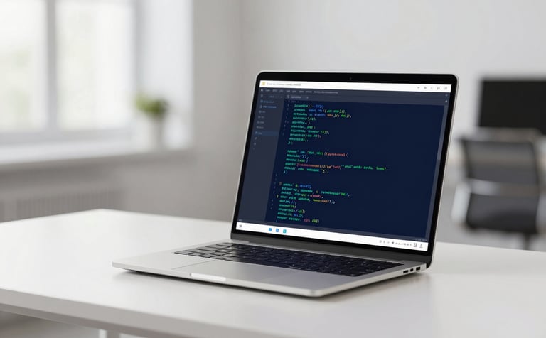 A sleek, modern laptop on a minimalist white desk showing a clean software code interface with syntax highlighting in teal #4CAF9D and dark blue #0F1D33. The background is a soft-focus office with professional lighting, projecting a high-end tech environment.
