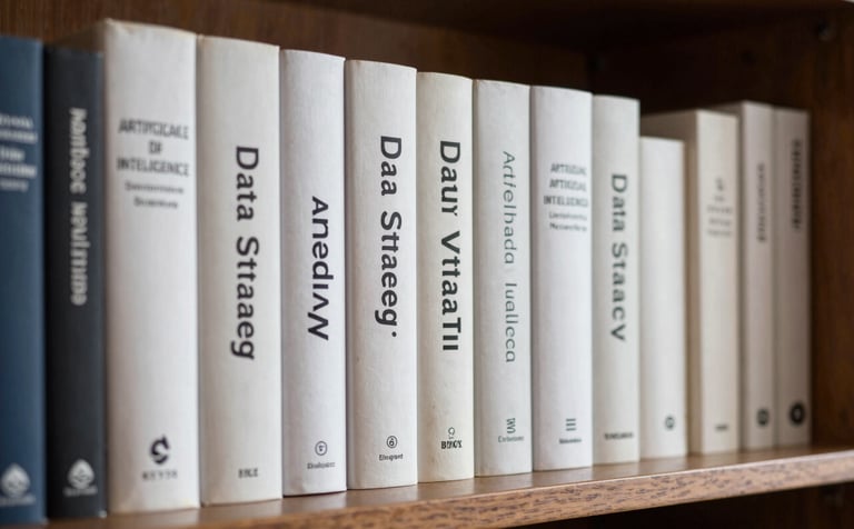 A sophisticated library shelf in a Southern European / Spanish study. Close-up on a selection of hardcover books about Data Strategy and Artificial Intelligence, with lighting that emphasizes the clean textures and Ice White tones.