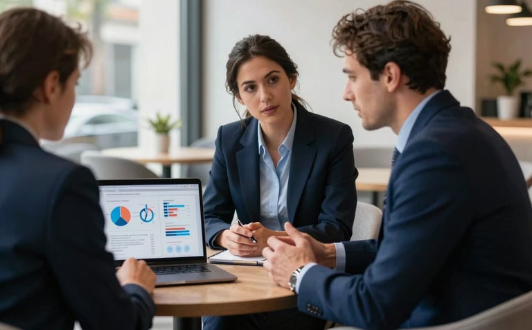 Two business professionals in smart-casual attire having a collaborative discussion in a modern Lisbon-style lounge. A laptop shows a marketing strategy. Natural light, sophisticated and forward-thinking mood using dark blue and light blue tones.