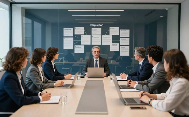 A wide shot of a contemporary boardroom in Portugal during a team evaluation session. Focus on a clear glass wall with strategic notes. Clean lines, dependable and highly professional aesthetic, featuring dark blue and off-white colors.