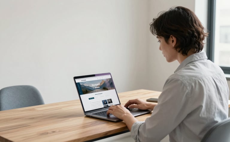 A professional in a clean, brightly lit North American office sitting at a minimalist wooden desk. They are focused on a sleek laptop displaying a high-performance website layout. The room features soft off-white walls and muted slate blue decor. Professional photography, natural daylight.