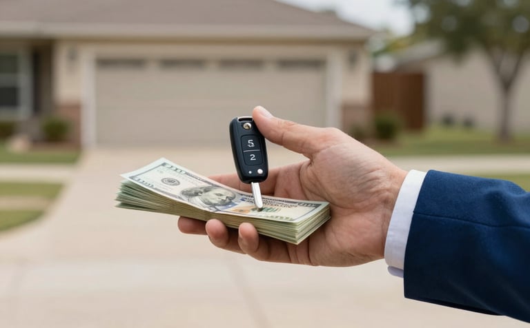 A close-up shot of a professional exchange where a person is handing over car keys for a stack of cash. The background is a clean Houston suburban driveway. The atmosphere is confident and secure, using the brand colors #1D2D3E and #7A9AB0.