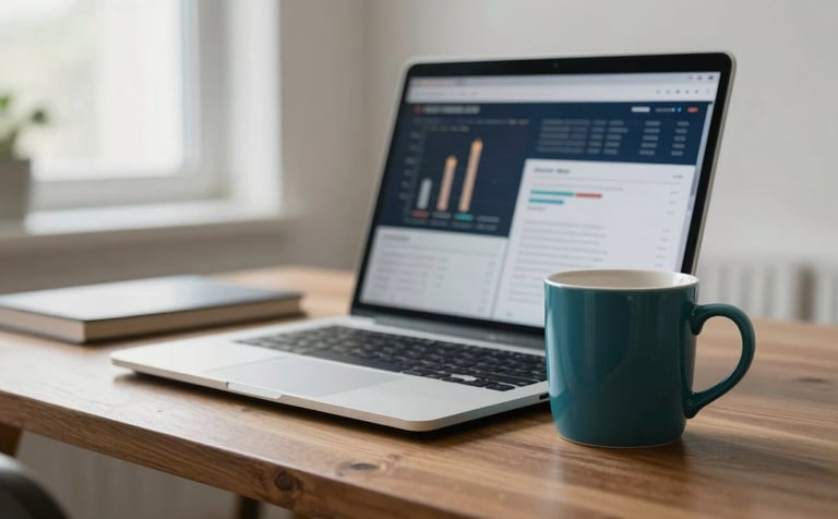 A sophisticated lifestyle photograph of a clean, modern workspace. A high-end laptop displays blurry candle-stick charts in the background. Beside it, a ceramic mug in Deep Teal sits on a polished wooden desk. The lighting is soft and natural, coming from a nearby window, creating a trustworthy and calm educational atmosphere with hints of Midnight Navy and Soft Ice White in the shadows and highlights.