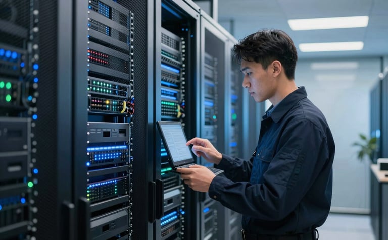A sleek, modern data center in the USA with steel blue lighting reflecting off server racks. A professional engineer in a dark navy uniform is checking a terminal.