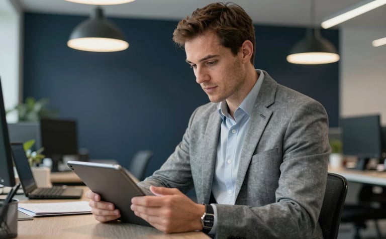 A professional American male IT consultant in a soft gray modern office environment, interacting with a tablet. The room features dark navy accents and bright, sophisticated lighting.