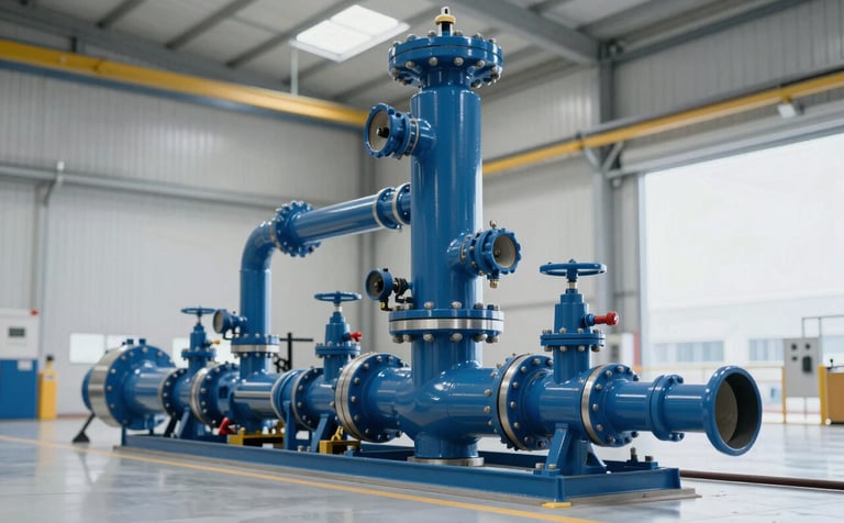 An expansive view of an industrial foam monitor system installed in a high-tech facility like an oil hangar. The scene conveys scale and expert safety engineering. Professional blue tones (#28425F) and silver hardware dominate, emphasizing technologically advanced fire protection.