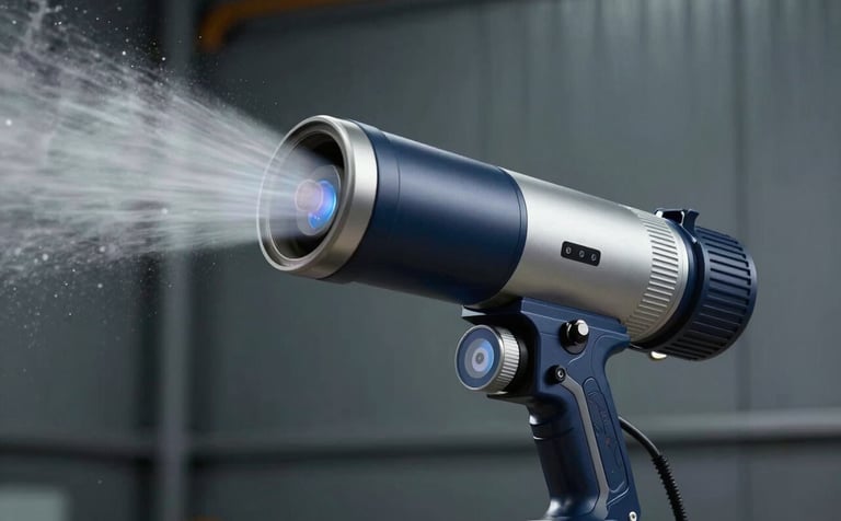 A technologically advanced automatic foam cannon with integrated IR flame sensors and remote control wiring. The aesthetic is serious and modern, featuring deep navy and metallic silver colors. The shot is angled to show technical sophistication, set against a dark #28425F industrial background.