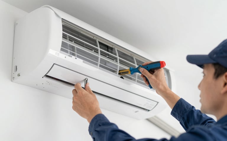 Close-up of a technician's hands precisely mounting a clean white AC indoor unit onto a wall. Professional tools visible. Lighting is bright and clean. Mood is efficient and precise. Brand colors #4F6D7A and #1A2C3D integrated via tools and apparel.