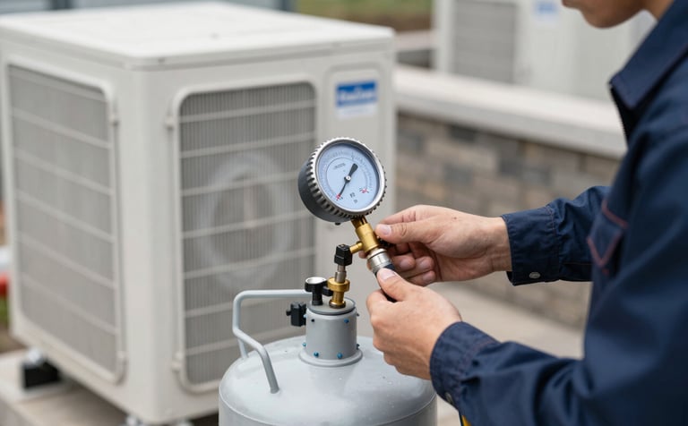 An outdoor AC compressor unit being serviced. A technician is using a pressure gauge to fill refrigerant gas. Professional, industrial but clean aesthetic. Incorporates brand palette #B3C5CB and #1A2C3D in the equipment and clothing.