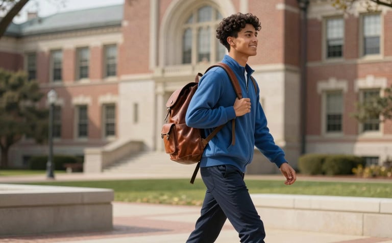 An inspired young adult walking across a historic North American / US university campus with a leather backpack, wearing Steel Blue and Deep Navy clothing. The composition is dynamic and hopeful, capturing a sunny afternoon with blurred architecture in the background.