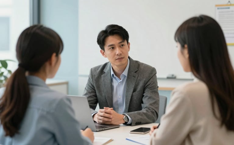 A professional educational consultant in a bright, modern North American / US office, seated across from a focused student and parent. The setting is clean and minimalist with Light Blue and Off-White decor. Soft natural light, high-end commercial photography style.