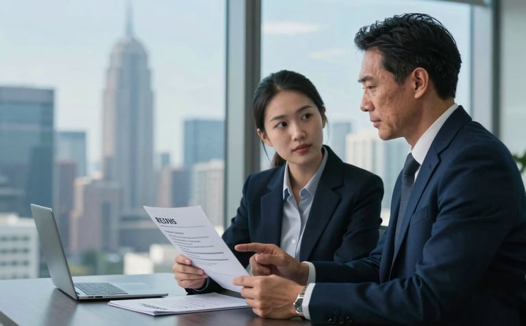A mentor and young professional discussing a resume in a high-rise North American / US office with a clear skyline view. The scene is lit with cool Deep Navy and Steel Blue tones. Professional, expert, and encouraging atmosphere. Clean photographic style.