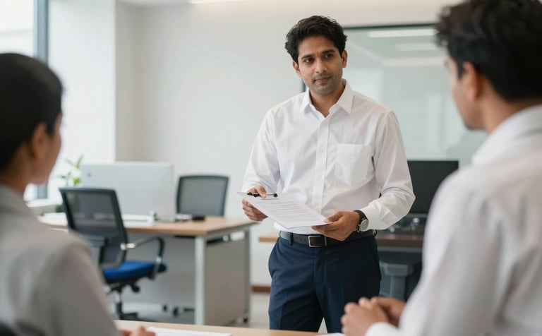 A professional South Asian consultant in a crisp white shirt and dark navy trousers presenting a legal document to a client in a modern, clean office in India. The setting is filled with natural light, featuring furniture with steel blue accents and a trustworthy, expert atmosphere.
