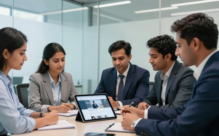 A group of South Asian business professionals in a sleek, glass-walled conference room in Bangalore, focused on a tablet showing a professional website layout. The lighting is bright and supportive, featuring a palette of light blue and professional navy.