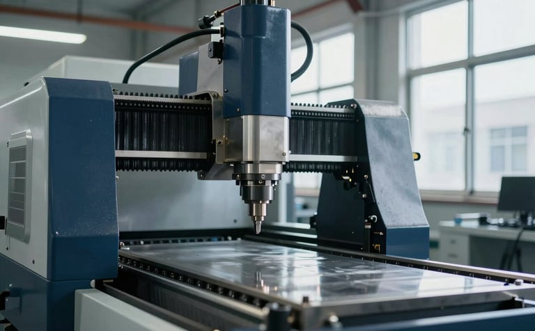 A high-precision industrial CNC milling machine in a modern factory setting. Soft daylight from large windows highlights the polished steel surfaces. The atmosphere is professional and clean, using a color palette of deep blues and metallic grays matching #1C2B39 and #A3B1BE. Cinematic composition, shallow depth of field.