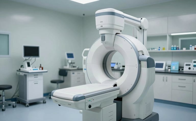 A high-tech medical laboratory or hospital room featuring advanced diagnostic imaging equipment. The lighting is bright and clinical. The equipment is modern with sleek lines, reflecting a professional healthcare environment. Accents of #4A6273 and #A3B1BE are visible in the room's interior design.