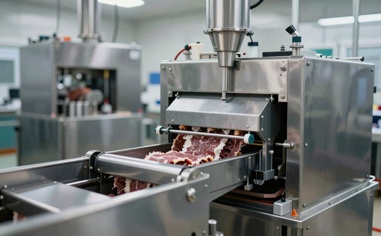 An automated industrial food processing line in a stainless steel facility. The image captures the movement and scale of the production line. Sophisticated lighting highlights the efficiency of the setup. Colors include metallic #A3B1BE and deep #1C2B39 shadows.