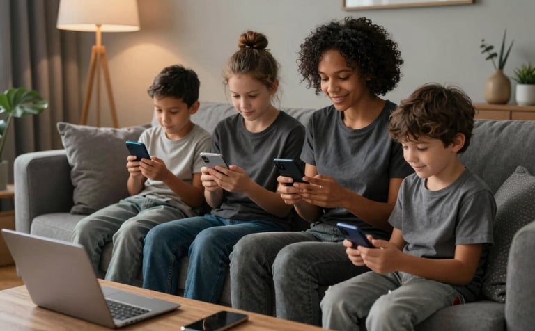 A photography shot of a family interacting with multiple mobile devices in a cozy, modern Northern European / British living room. The scene is lit with warm, trustworthy light and subtle deep charcoal grey tones.