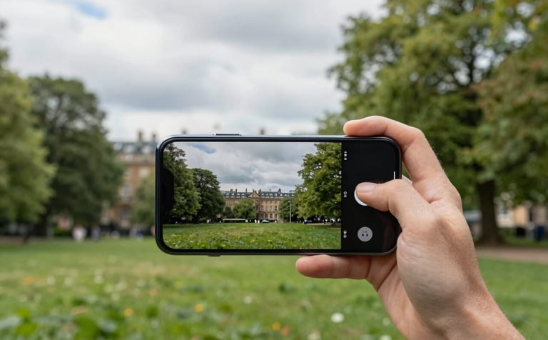 A close-up photograph of a person streaming high-definition video on a mobile device in a scenic Northern European / British city park. Fresh meadow green trees and soft porcelain white clouds frame the modern device.