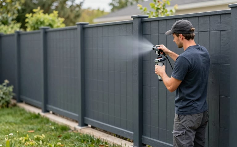 A vibrant green garden with a modern wood-slatted fence being spray-painted in a deep charcoal gray #1C3642. The painter is wearing professional gear, using innovative tech to ensure a clean, sharp, and efficient finish. Daylight emphasizes the precise, uniform texture.
