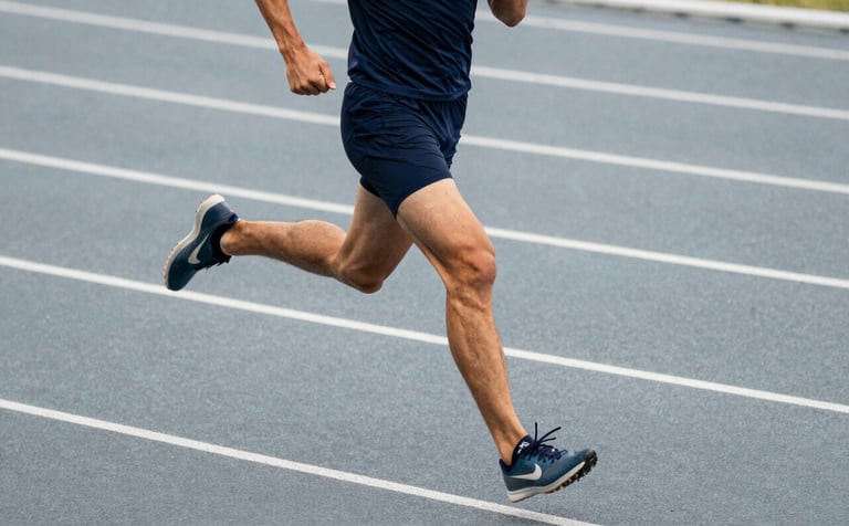 Action photography of an athlete running on a slate grey track, wearing navy blue sportswear. Sharp focus, energetic lighting, and a modern sports marketing aesthetic.