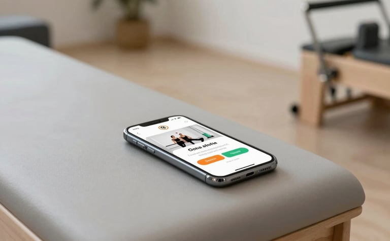 Clean, minimalist interior of a yoga and pilates studio. A smartphone on a light grey bench shows a confirmation for a sports session booking.