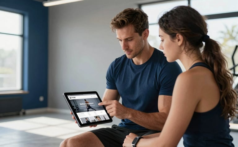 A professional fitness coach in a bright, modern studio using a tablet to show a high-performance website to a client. The interior features navy blue accents and soft slate grey walls with natural daylight.